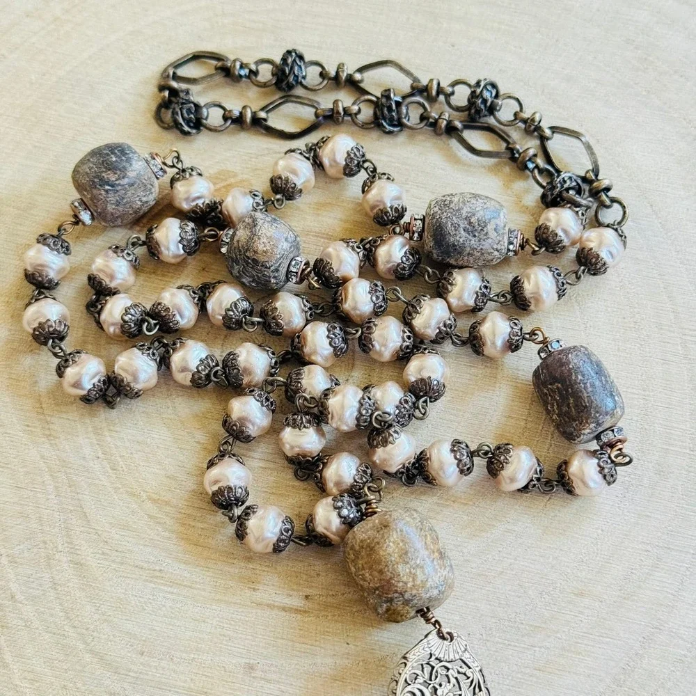 Regency style Baroque pearl Bird Necklace VTG‎ long beaded filigree bronze 35